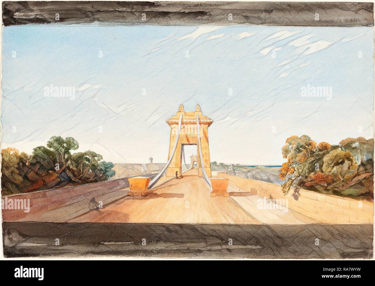 Zurückzuführen auf James Bulwer (British, 1794-1879), Clifton Suspension Bridge in der Nähe von Bristol, Aquarell und Graphit neuerfundene Stockfoto