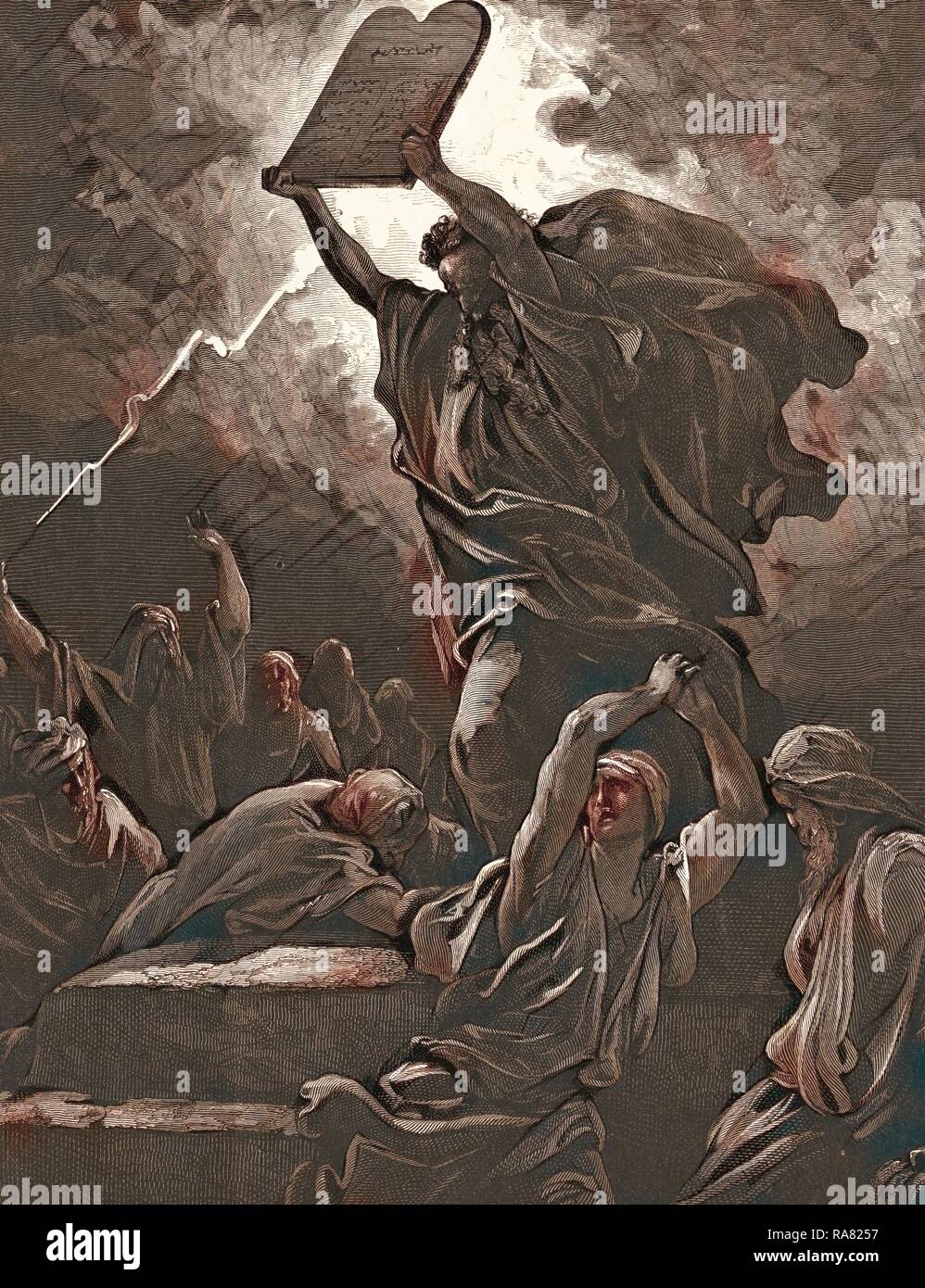 Mose brechen die Gesetzestafeln, die von Gustave Doré, 1832-1883, Französisch. Gravur für die Bibel. 1870, Kunst neuerfundene Stockfoto