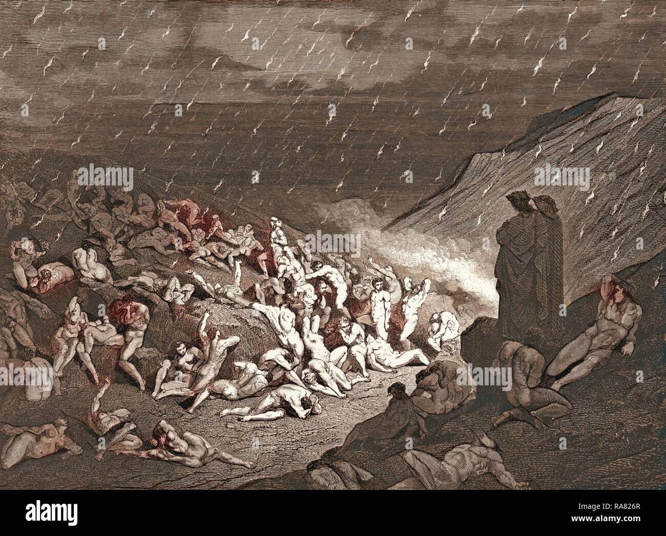 Die Folter des feurigen Regen, von Gustave Doré, 1832-1883, Französisch. Gravur für die Göttliche Komödie, Divina Commedia neuerfundene Stockfoto