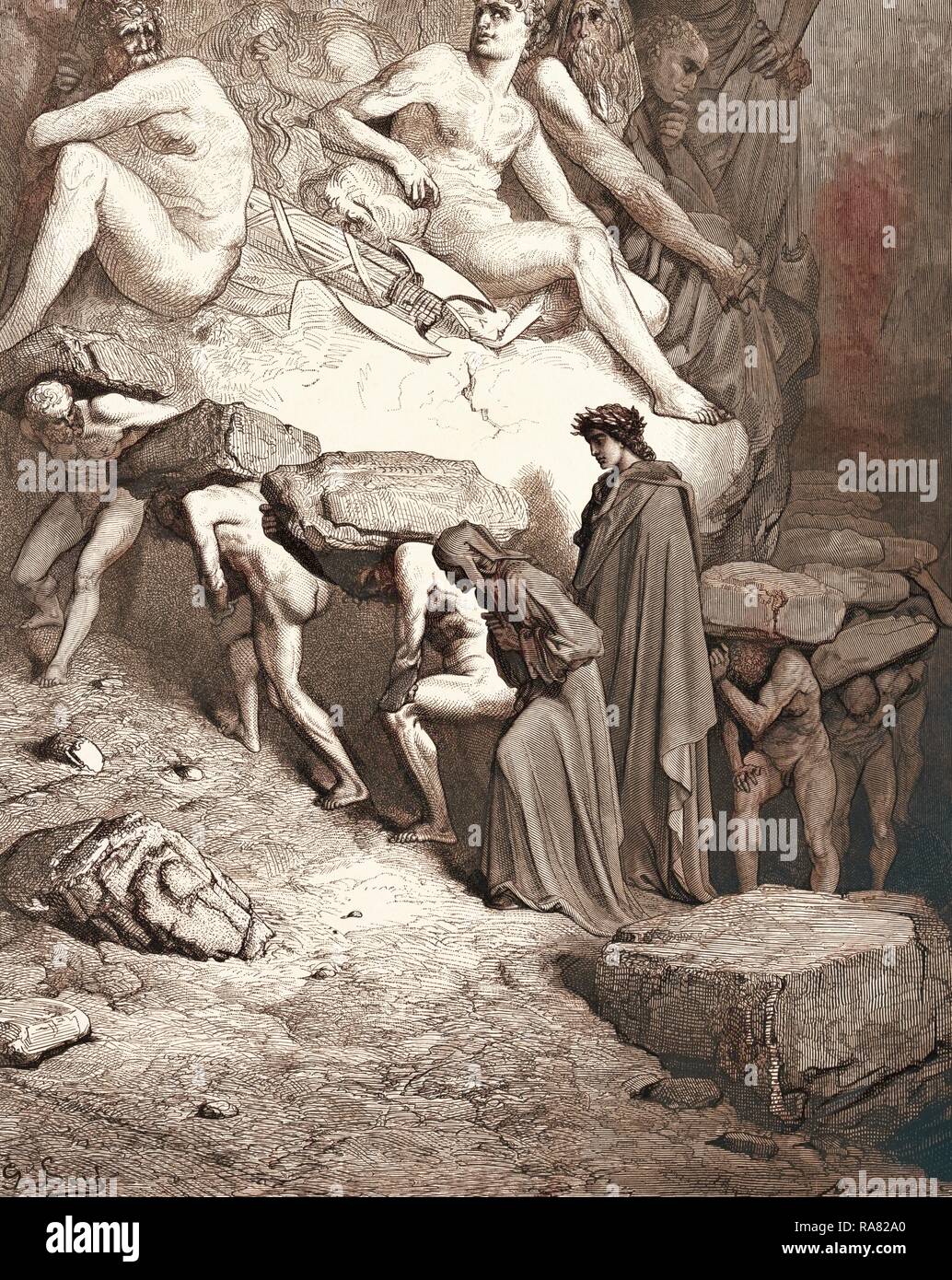 Die Belastung des Stolzes, der von Gustave Dore, 1832-1883, Französisch. Gravuren der Purgatorio oder im Fegefeuer von Dante neuerfundene Stockfoto