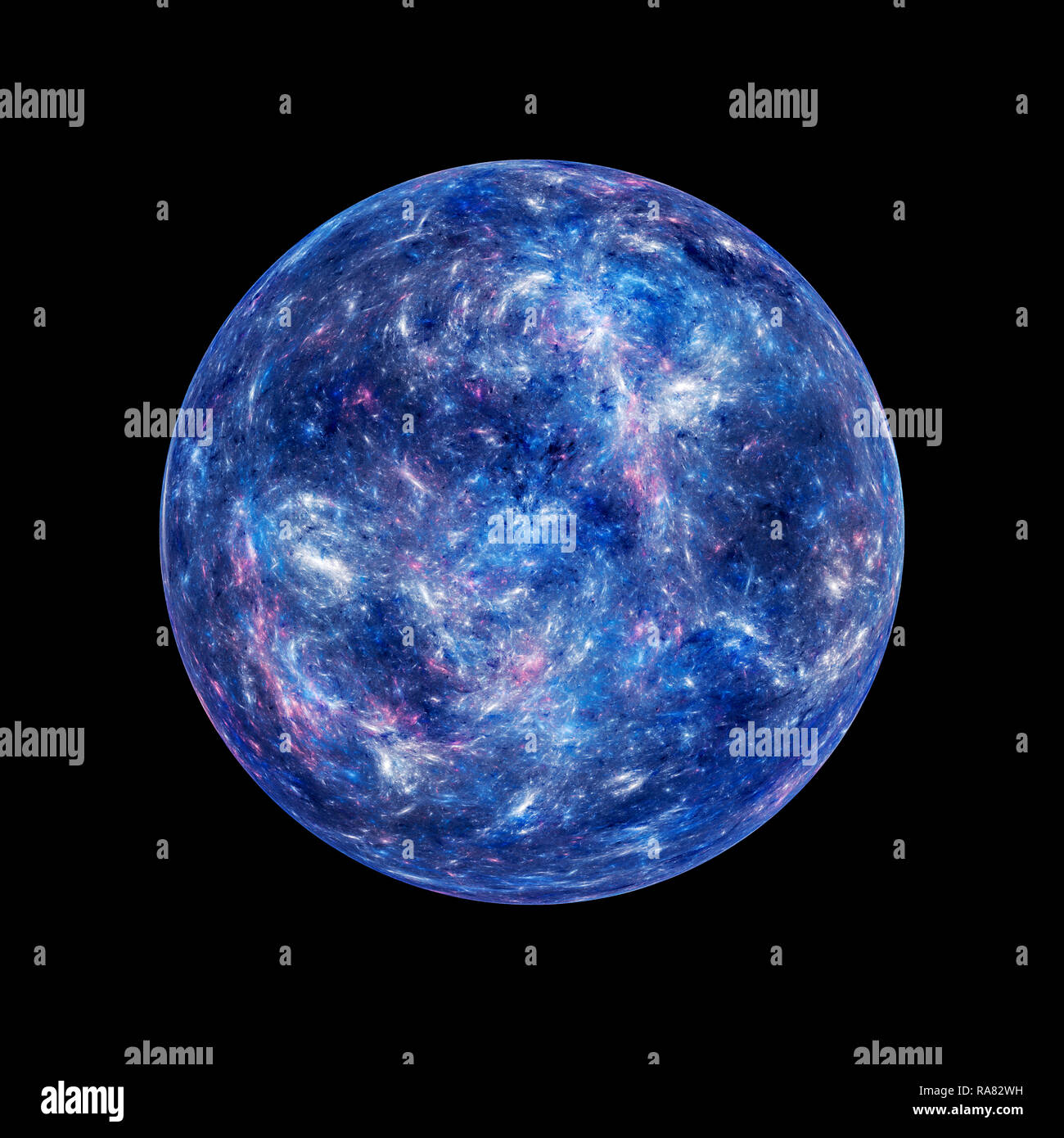 Blau leuchtende geheimnisvolle Exoplanet isoliert auf Schwarz, computer-generierte Zusammenfassung Hintergrund, 3D-Rendering Stockfoto
