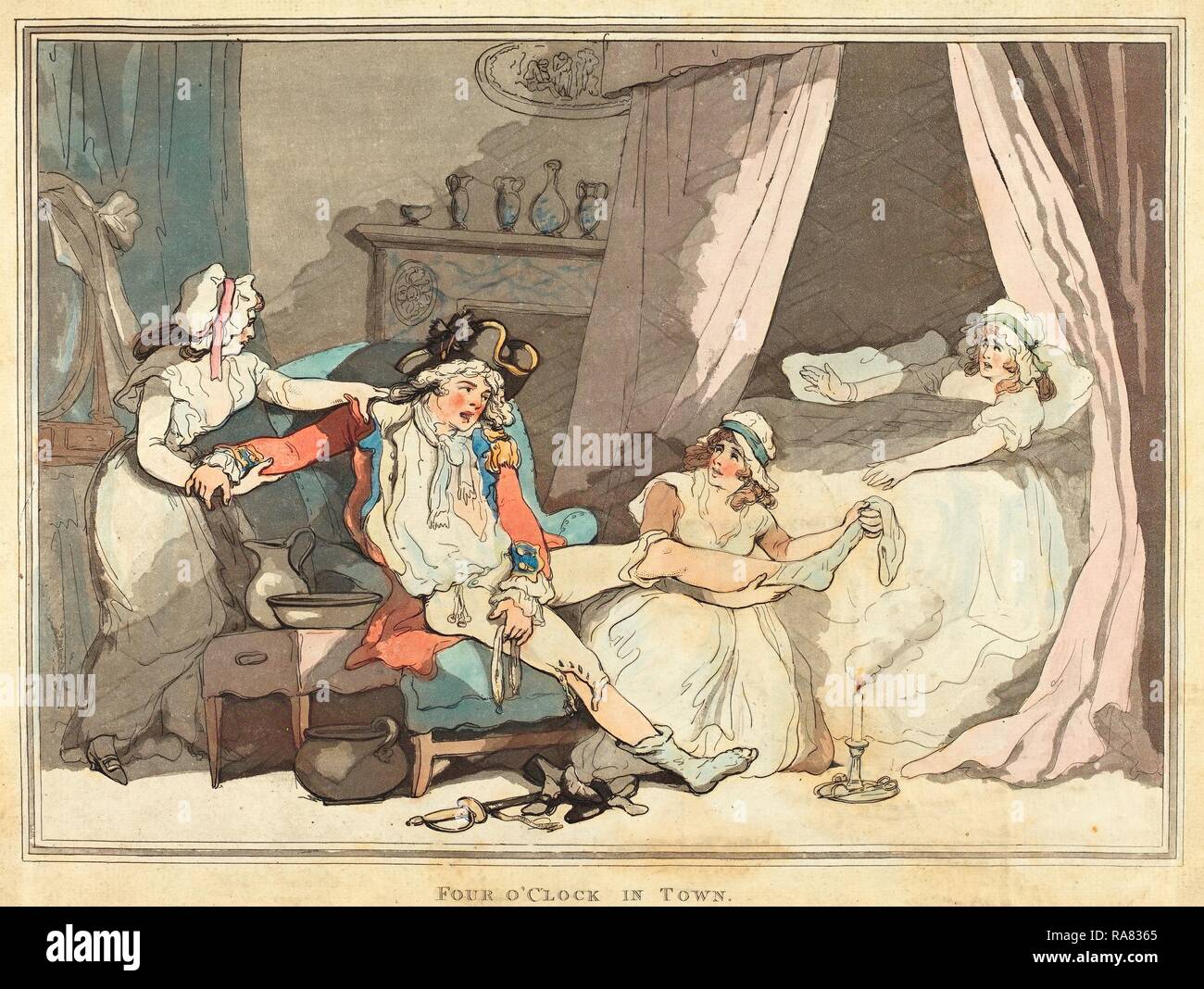 Thomas Rowlandson (British, 1756-1827), vier Uhr in der Stadt, 1788, handkolorierte Radierung und Aquatinta. Neuerfundene Stockfoto