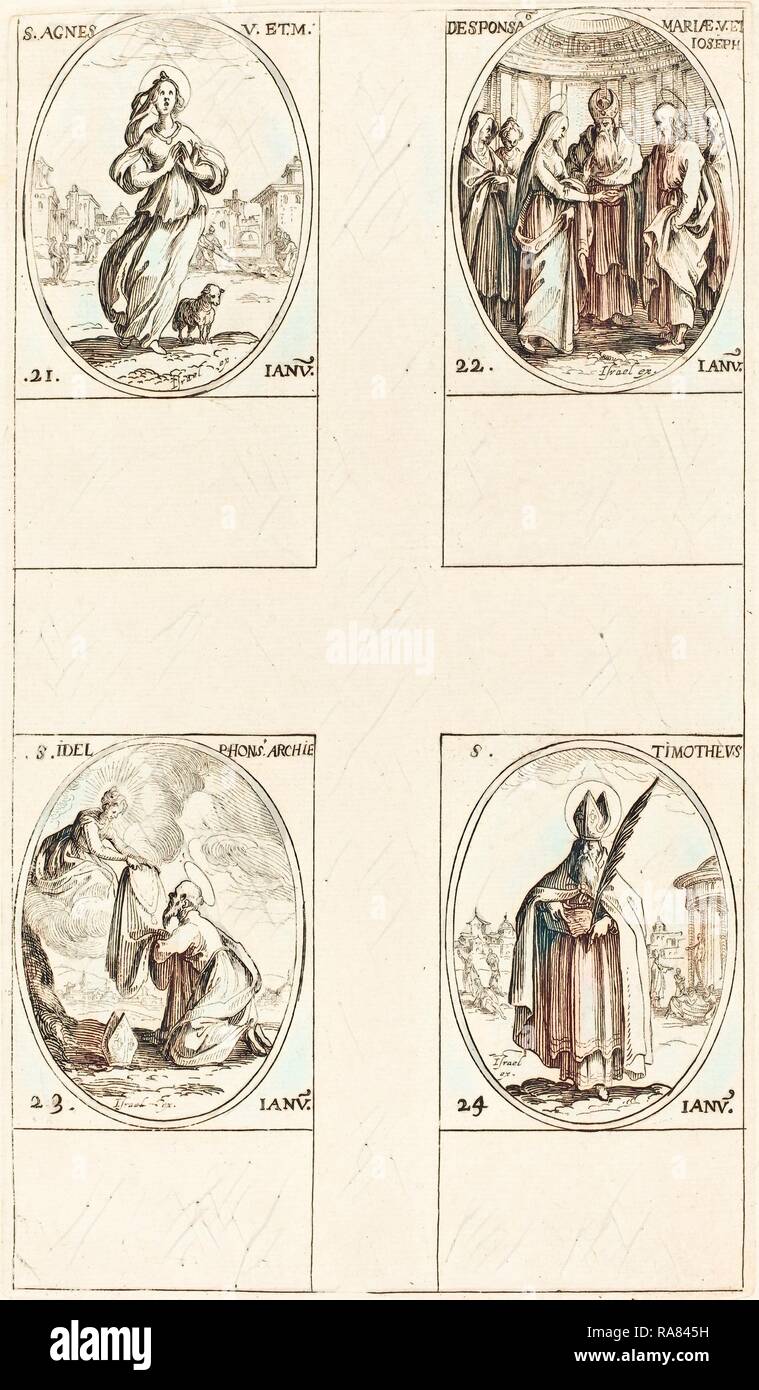 Jacques Callot (Französisch, 1592-1635), St. Agnes, die Ehe der Jungfrau, hl. Ildefonsus, St. Timothy, radierung Neuerfundene Stockfoto