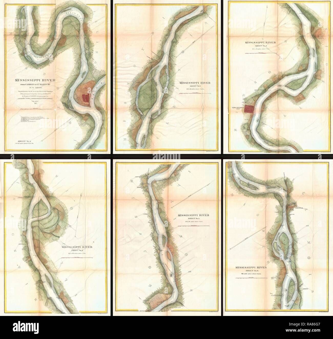 1865, U.S. Coast Übersichtskarte des Mississippi Flusses von Kairo, IL nach St. Marys, MO. Neuerfundene durch Gibon. Klassische neuerfundene Stockfoto