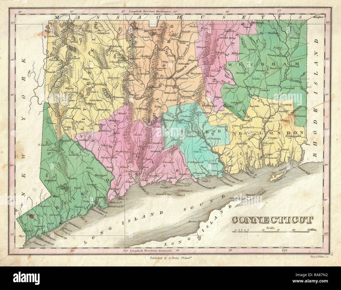 1827, Finley Karte von Connecticut, Anthony Finley mapmaker der Vereinigten Staaten im 19. Jahrhundert. Neuerfundene Stockfoto