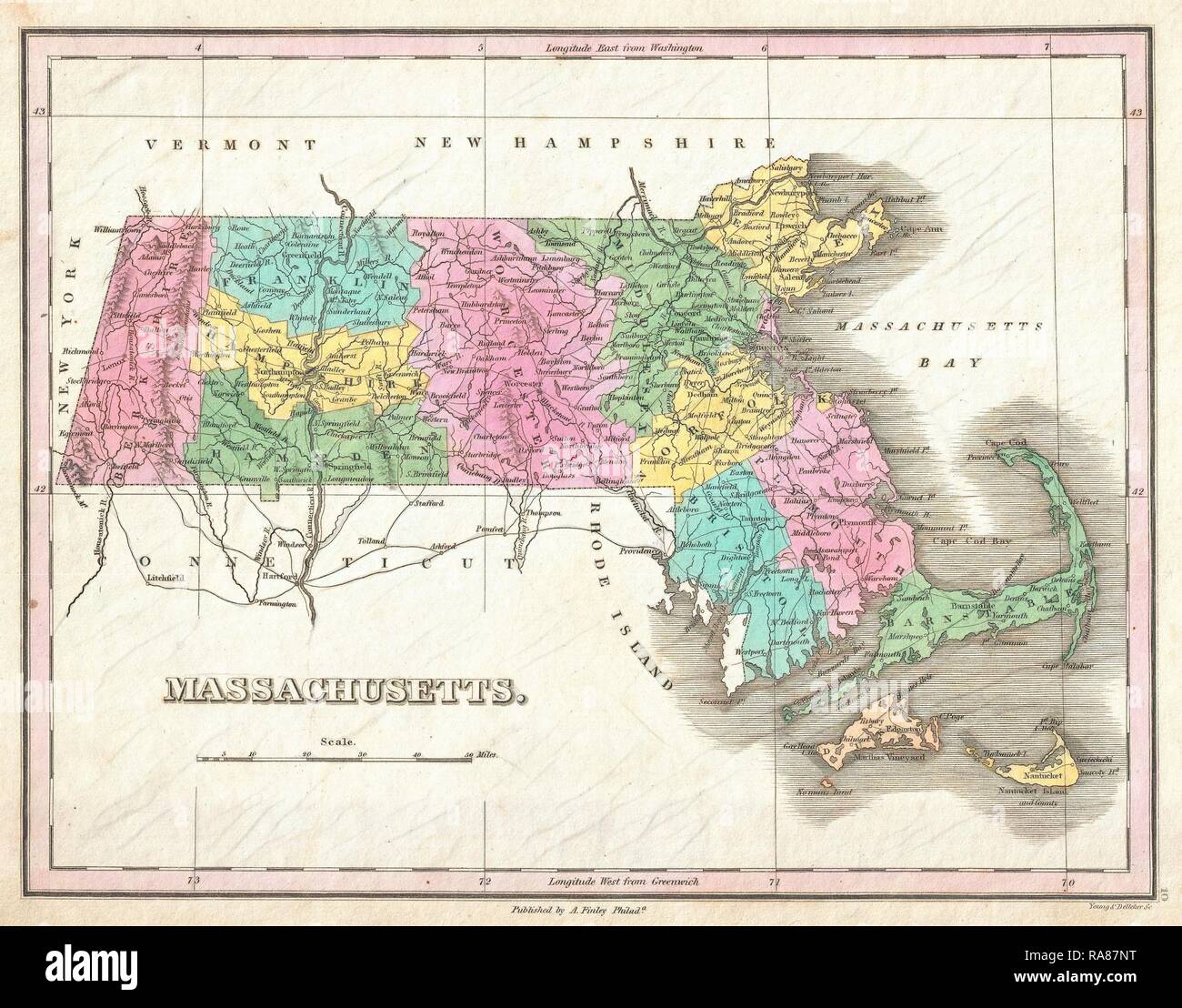 1827, Finley Karte von Massachusetts, Anthony Finley mapmaker der Vereinigten Staaten im 19. Jahrhundert. Neuerfundene Stockfoto