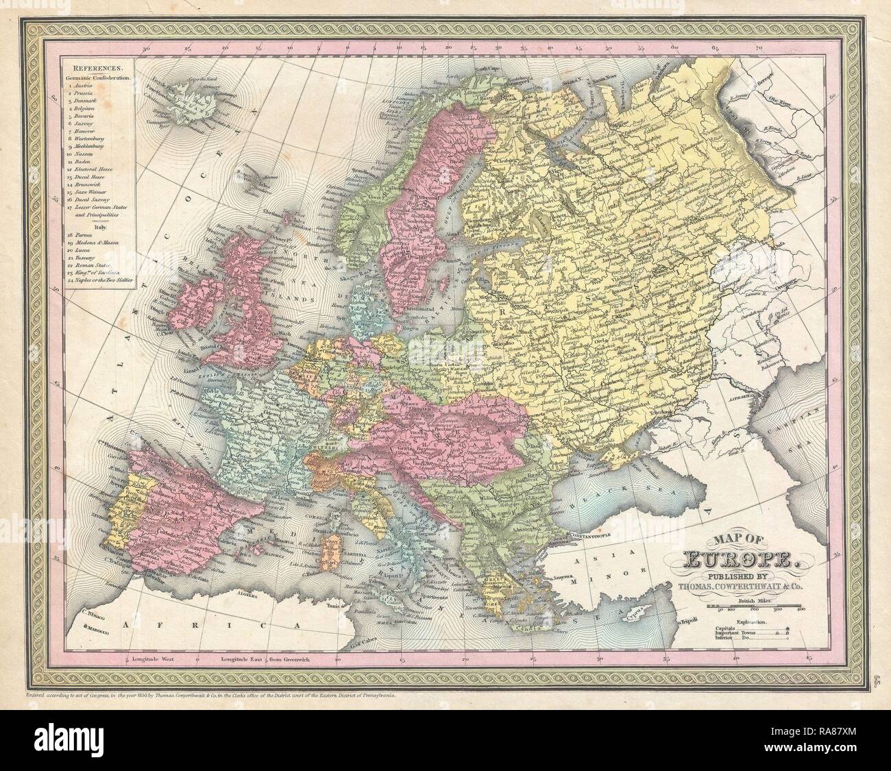 1850, Mitchell Karte von Europa. Neuerfundene durch Gibon. Klassische Kunst mit einem modernen Touch neuerfundene Stockfoto