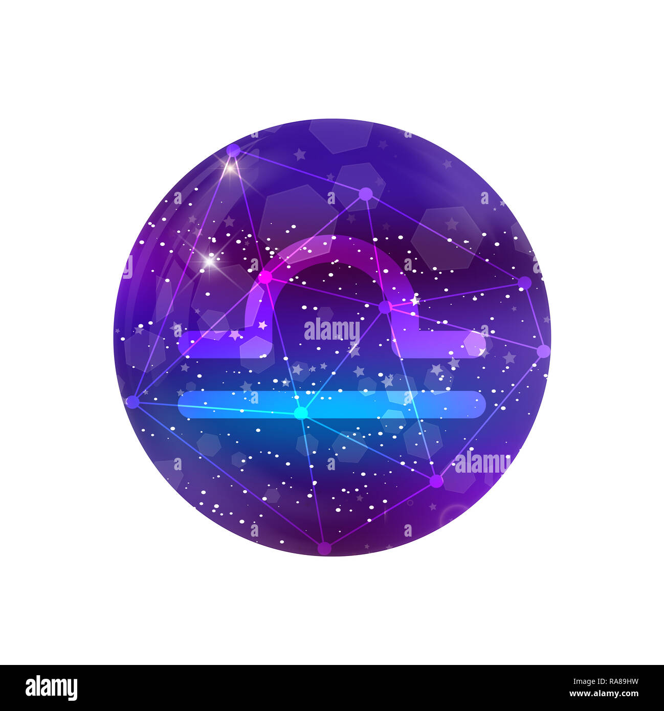 Waage Tierkreiszeichen und Sternbild auf eine kosmische purple sky mit  leuchtenden Sterne und Nebel auf weißem Hintergrund. neon-Symbol, Web-Taste,  Clip ein Stockfotografie - Alamy