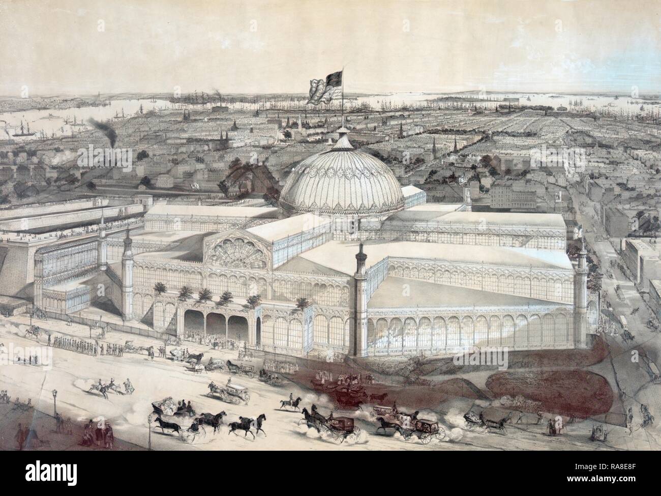 Vögel Auge Ansicht des New York Crystal Palace und Umwelt, 19. Jahrhundert, US, USA, Amerika. Neuerfundene Stockfoto
