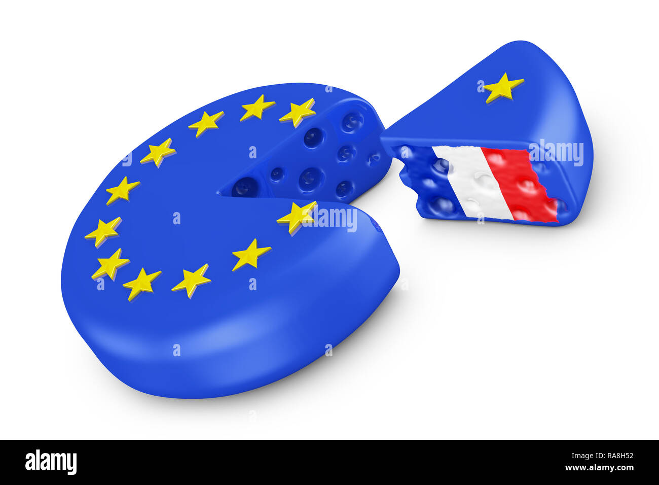 Kopf Käse in Form der EU-Flagge und ein Stück mit der Flagge von Frankreich. 3D-Render. Stockfoto