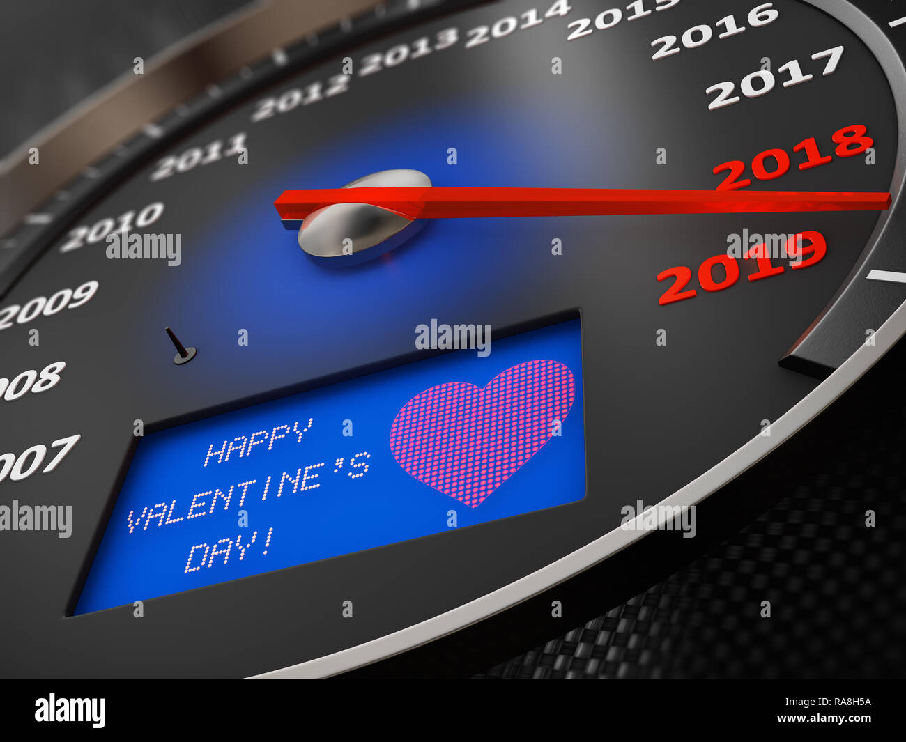 Tachometer mit einer Inschrift auf dem Bildschirm - Happy Valentine's Day. 3D-Rendering Stockfoto