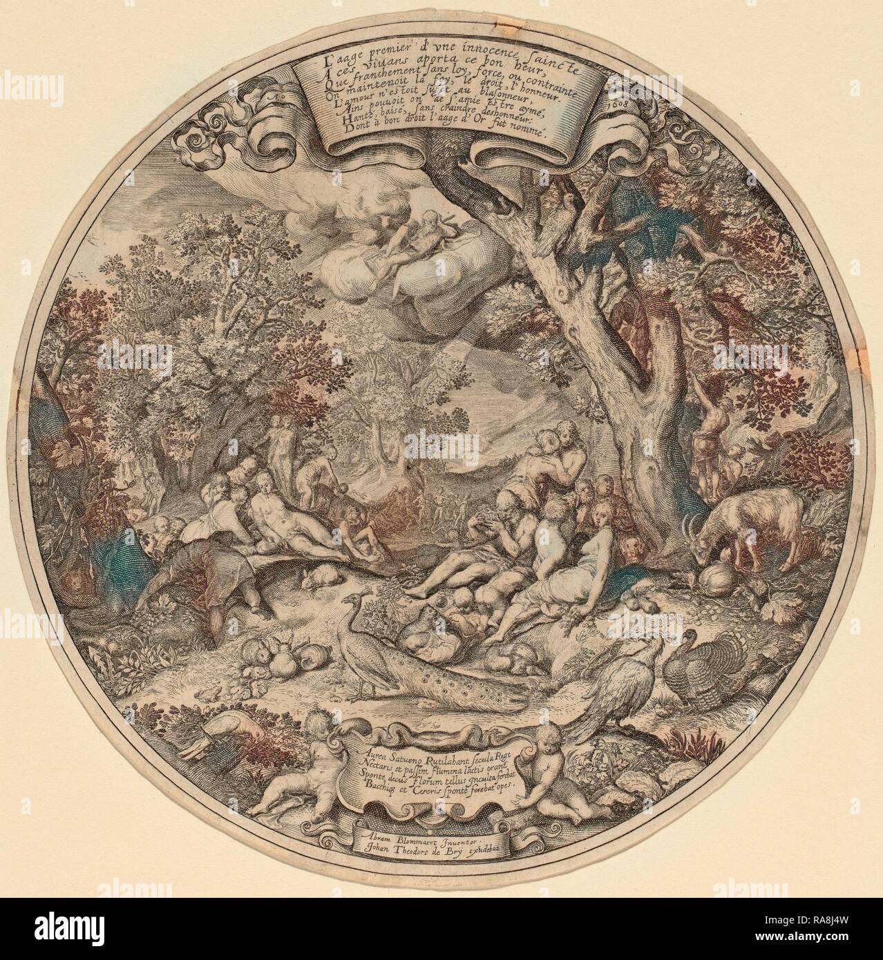 Jan Theodor de Bry nach Abraham Bloemaert nach Nicolaes de Bruyn (Flämisch, 1561-1623), Das Goldene Zeitalter, Gravur neuerfundene Stockfoto