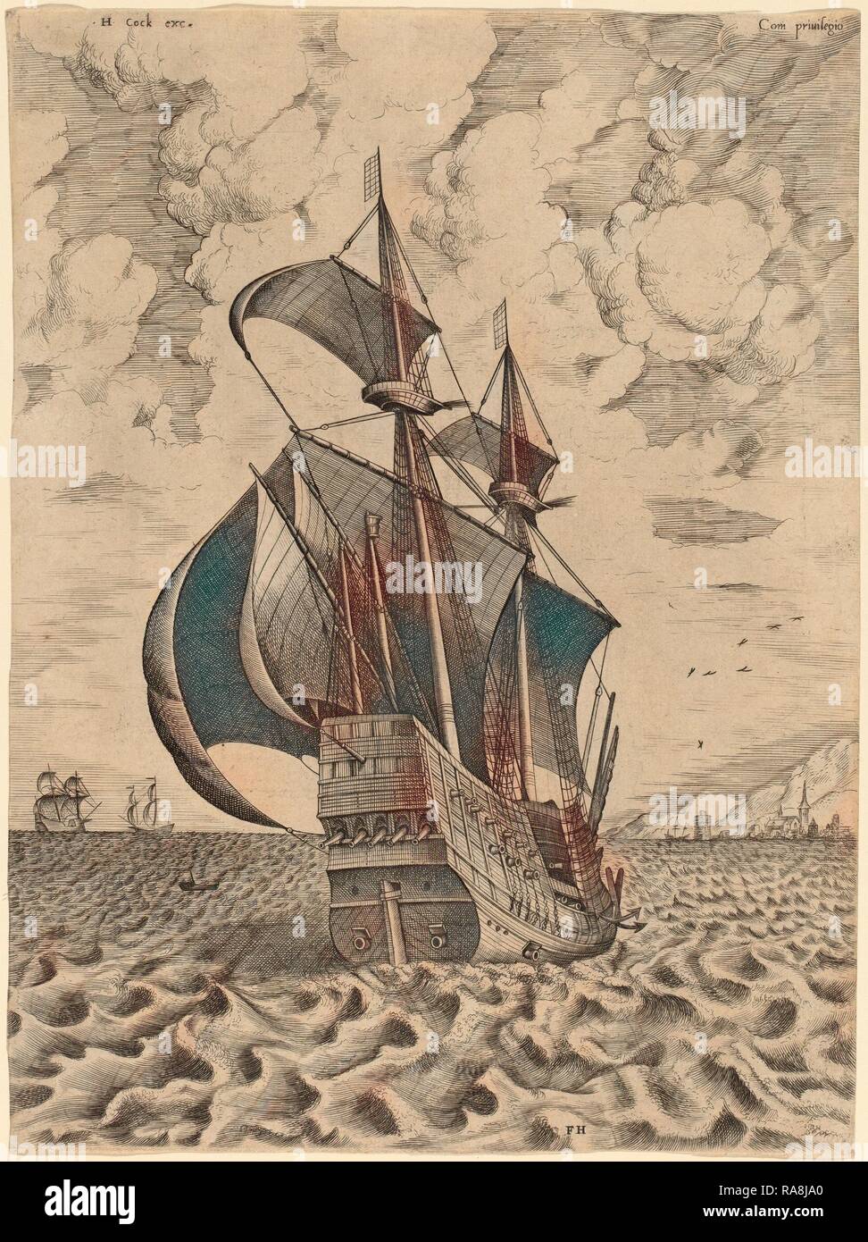 Frans Huys nach Pieter Brueghel der Ältere (Flämische, 1522 - 1562), der Bewaffneten Four-Master Segeln auf dem Weg zu einem Hafen, 1565 überarbeitet Stockfoto
