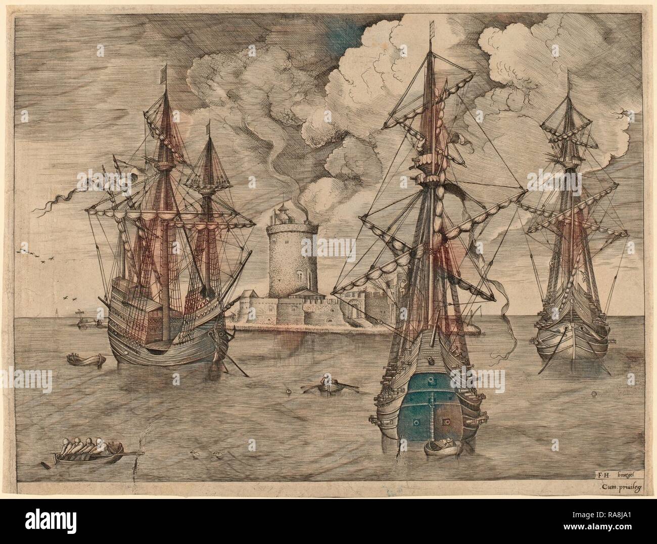 Frans Huys nach Pieter Brueghel der Ältere (Flämische, 1522 - 1562), Four-Master (Links) und zwei Three-Masters verankert Neuerfundene Stockfoto