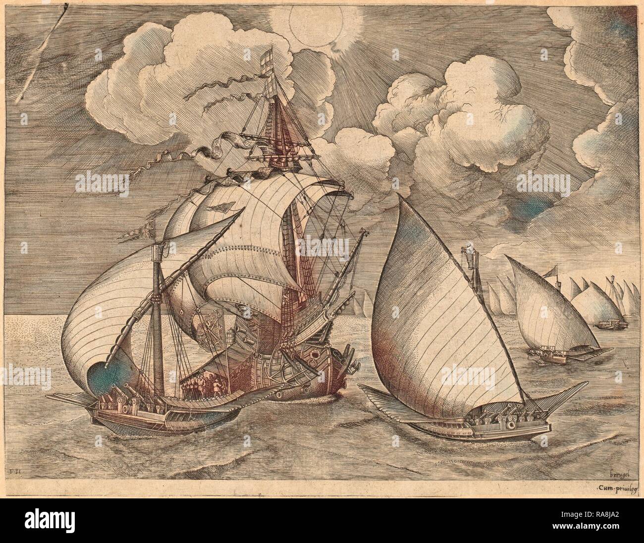 Frans Huys nach Pieter Brueghel der Ältere (Flämische, 1522 - 1562), eine Flotte von Galeeren begleitet durch eine Karavelle, 1565 überarbeitet Stockfoto