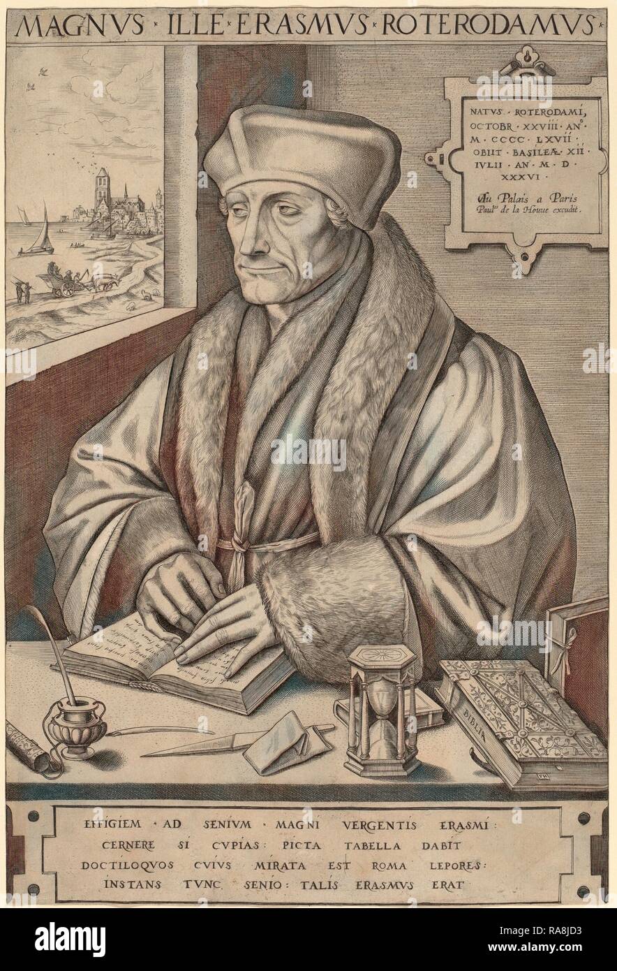 Frans Huys nach Hans Holbein der Jüngere (Flämische, 1522 - 1562), Erasmus von Rotterdam, Gravur. Neuerfundene Stockfoto