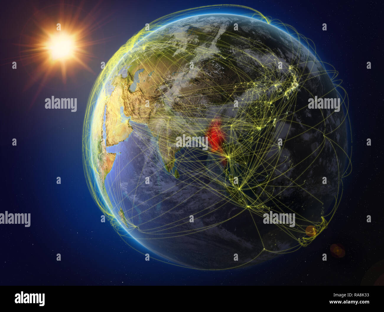 Myanmar aus dem Weltraum. Der Planet Erde mit Netzwerk für internationale Kommunikation, Technik und Reisen. 3D-Darstellung. Elemente dieses Bild Stockfoto