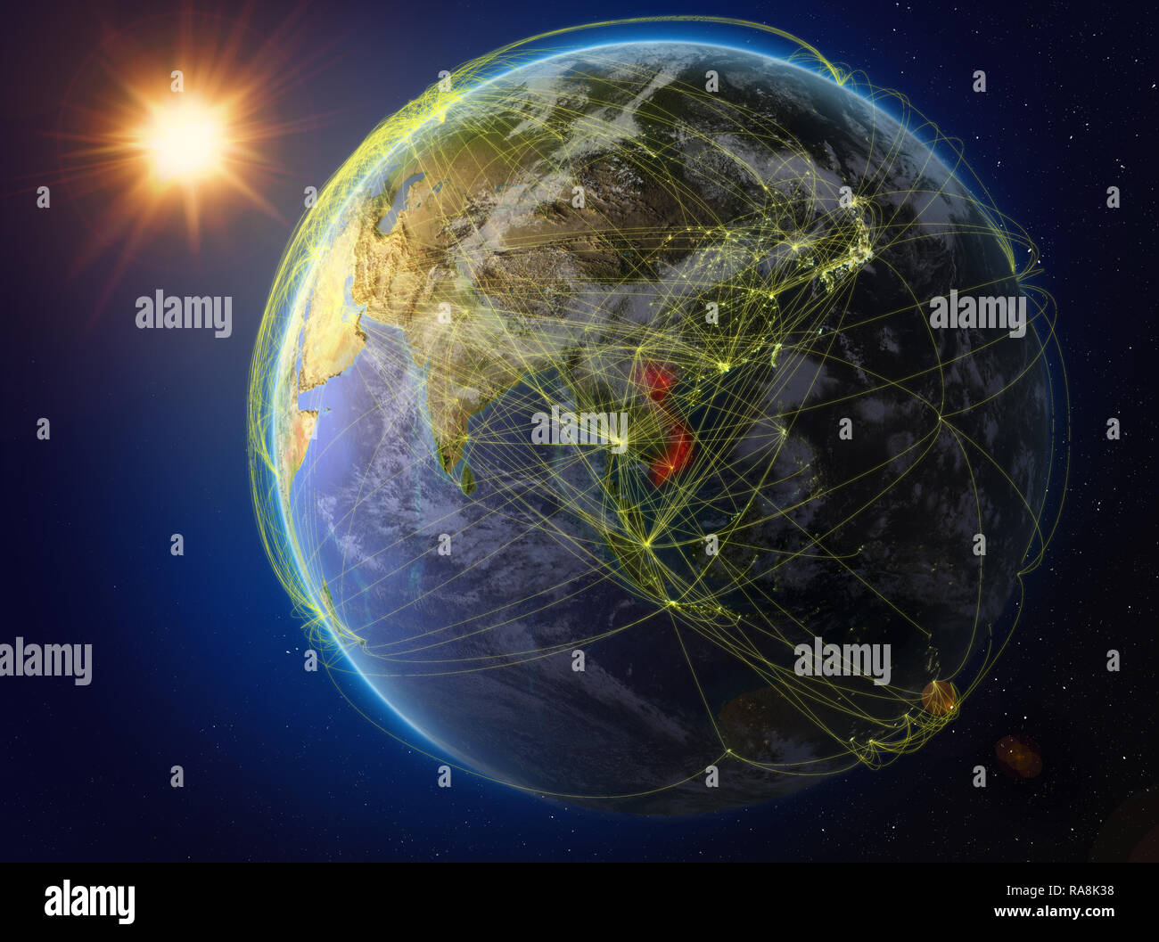 Vietnam aus dem Weltraum. Der Planet Erde mit Netzwerk für internationale Kommunikation, Technik und Reisen. 3D-Darstellung. Elemente dieses Bild Stockfoto