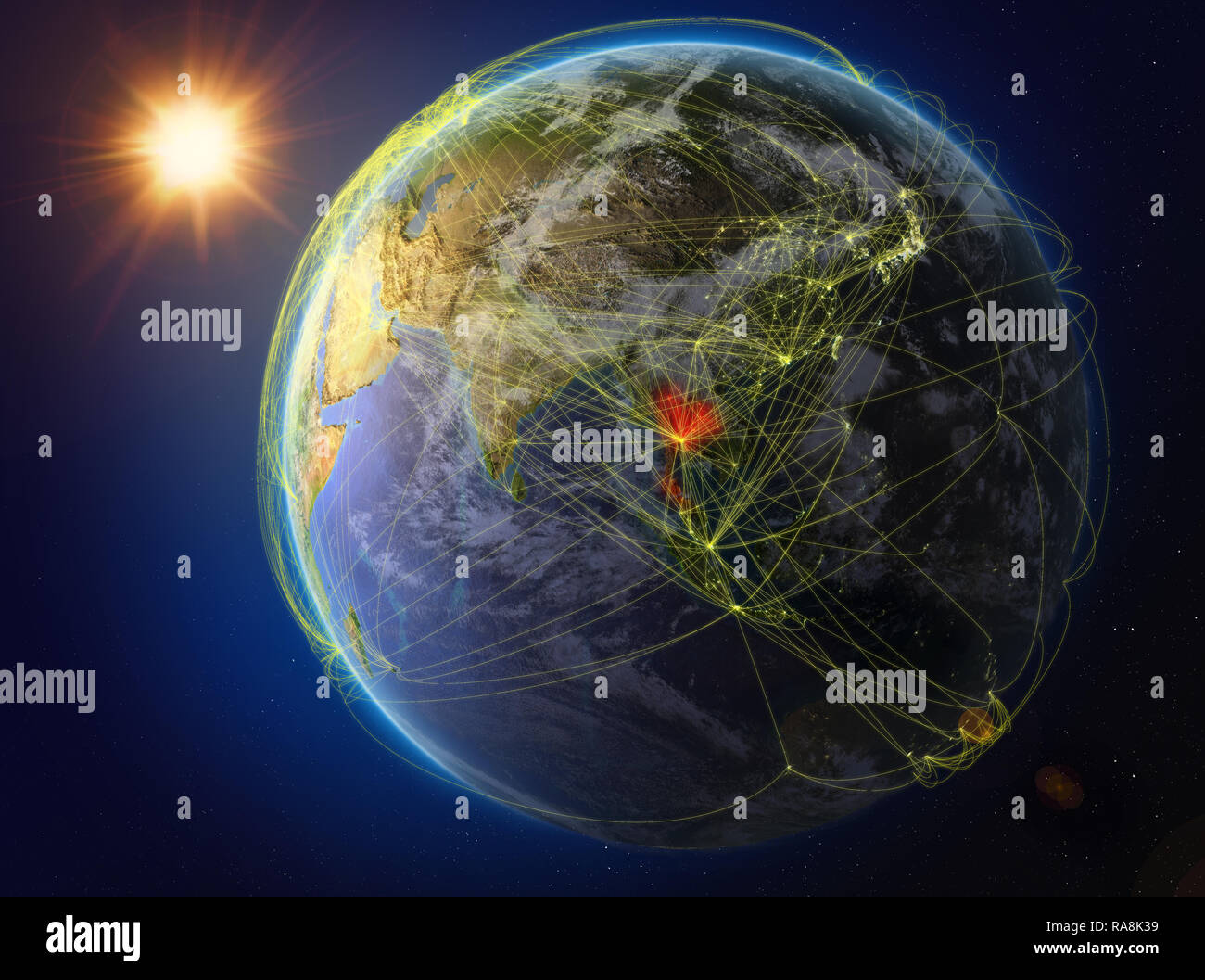 Thailand aus dem Weltraum. Der Planet Erde mit Netzwerk für internationale Kommunikation, Technik und Reisen. 3D-Darstellung. Elemente dieser imag Stockfoto