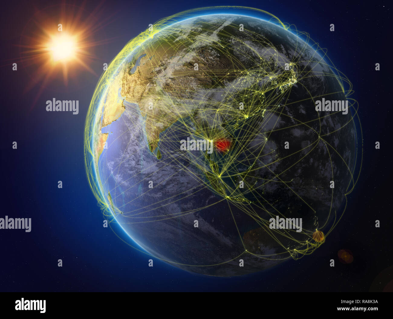 Kambodscha aus dem Weltraum. Der Planet Erde mit Netzwerk für internationale Kommunikation, Technik und Reisen. 3D-Darstellung. Elemente dieser imag Stockfoto