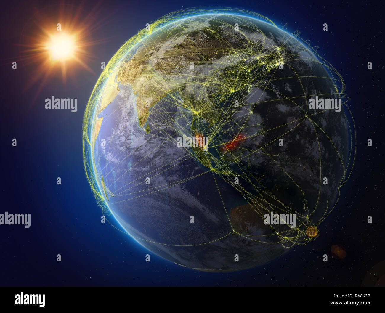 Malaysia aus dem Weltraum. Der Planet Erde mit Netzwerk für internationale Kommunikation, Technik und Reisen. 3D-Darstellung. Elemente dieser imag Stockfoto
