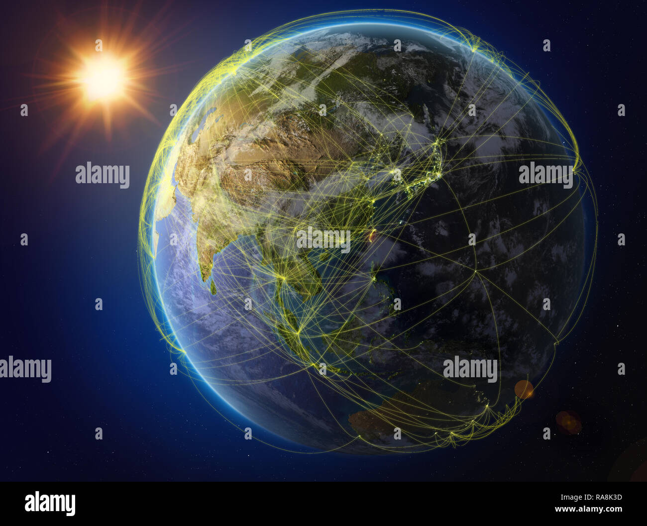Taiwan aus dem Weltraum. Der Planet Erde mit Netzwerk für internationale Kommunikation, Technik und Reisen. 3D-Darstellung. Elemente dieses Bild Stockfoto
