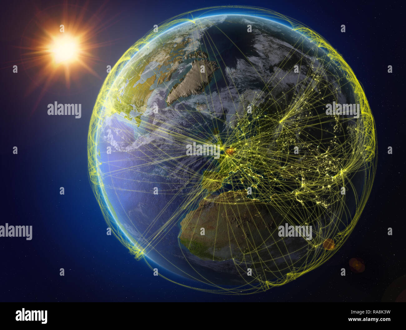 Belgien aus dem Weltall. Der Planet Erde mit Netzwerk für internationale Kommunikation, Technik und Reisen. 3D-Darstellung. Elemente dieses Bild Stockfoto