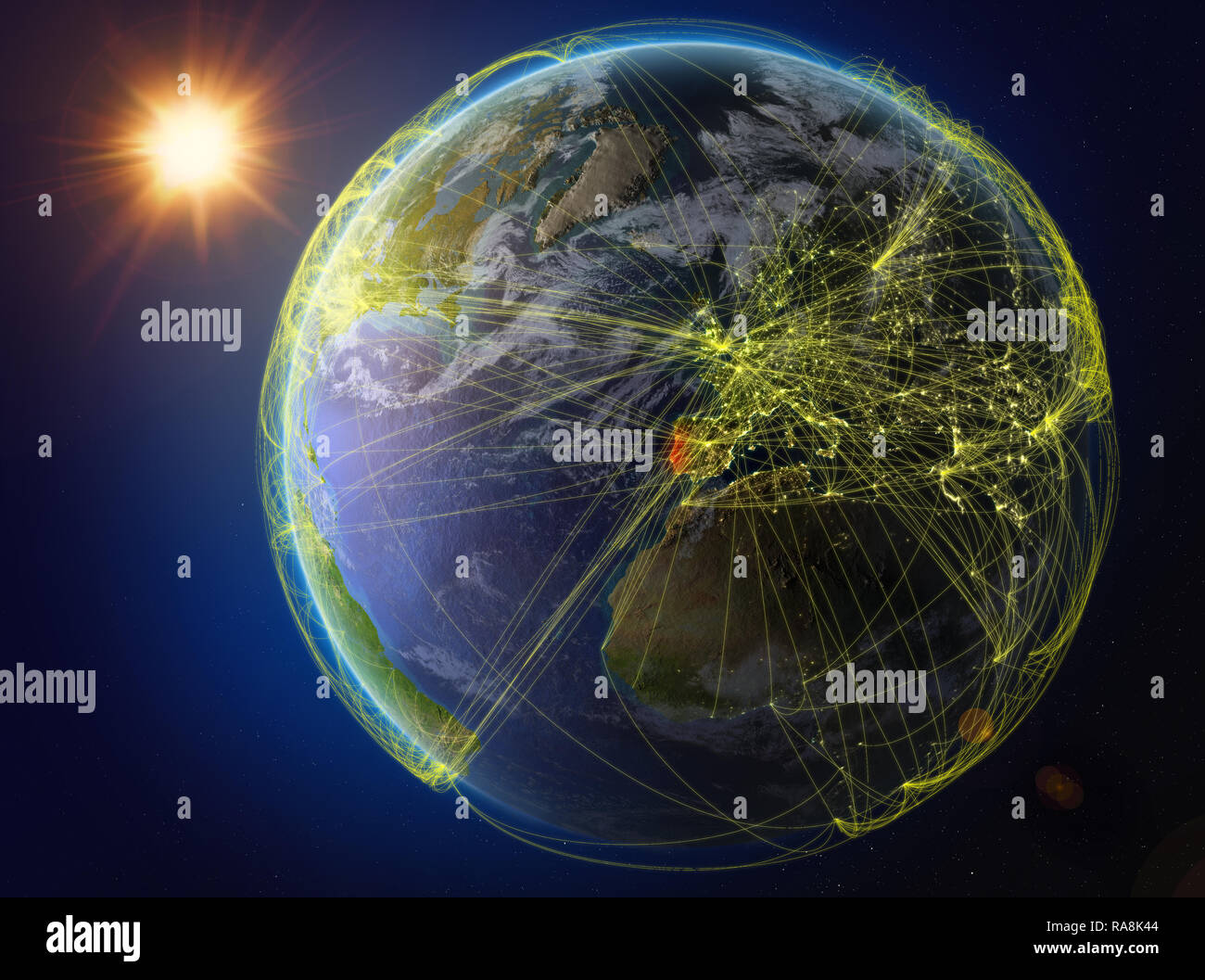 Portugal aus dem Weltraum. Der Planet Erde mit Netzwerk für internationale Kommunikation, Technik und Reisen. 3D-Darstellung. Elemente dieser imag Stockfoto