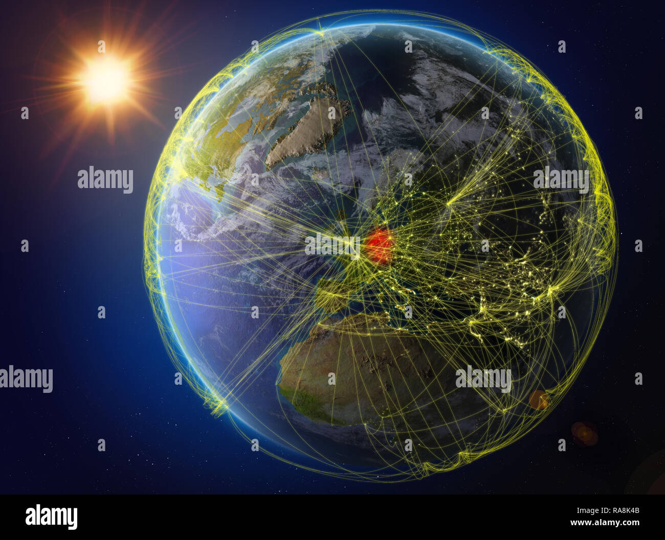 Deutschland vom Weltraum aus. Der Planet Erde mit Netzwerk für internationale Kommunikation, Technik und Reisen. 3D-Darstellung. Elemente dieses Bild Stockfoto