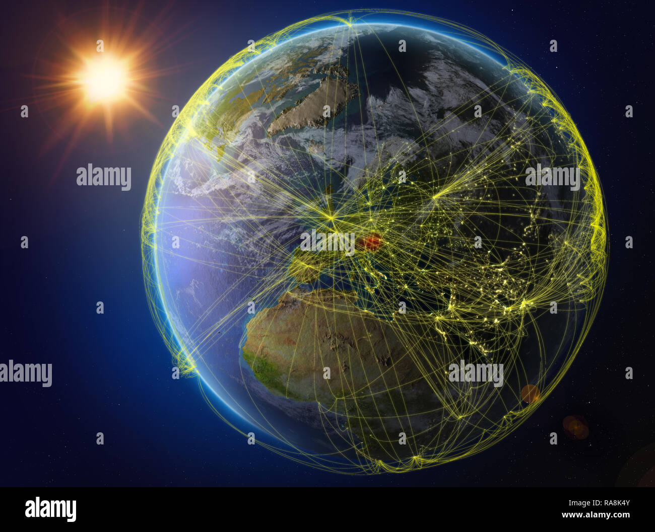 Österreich aus dem Weltraum. Der Planet Erde mit Netzwerk für internationale Kommunikation, Technik und Reisen. 3D-Darstellung. Elemente dieses Bild Stockfoto