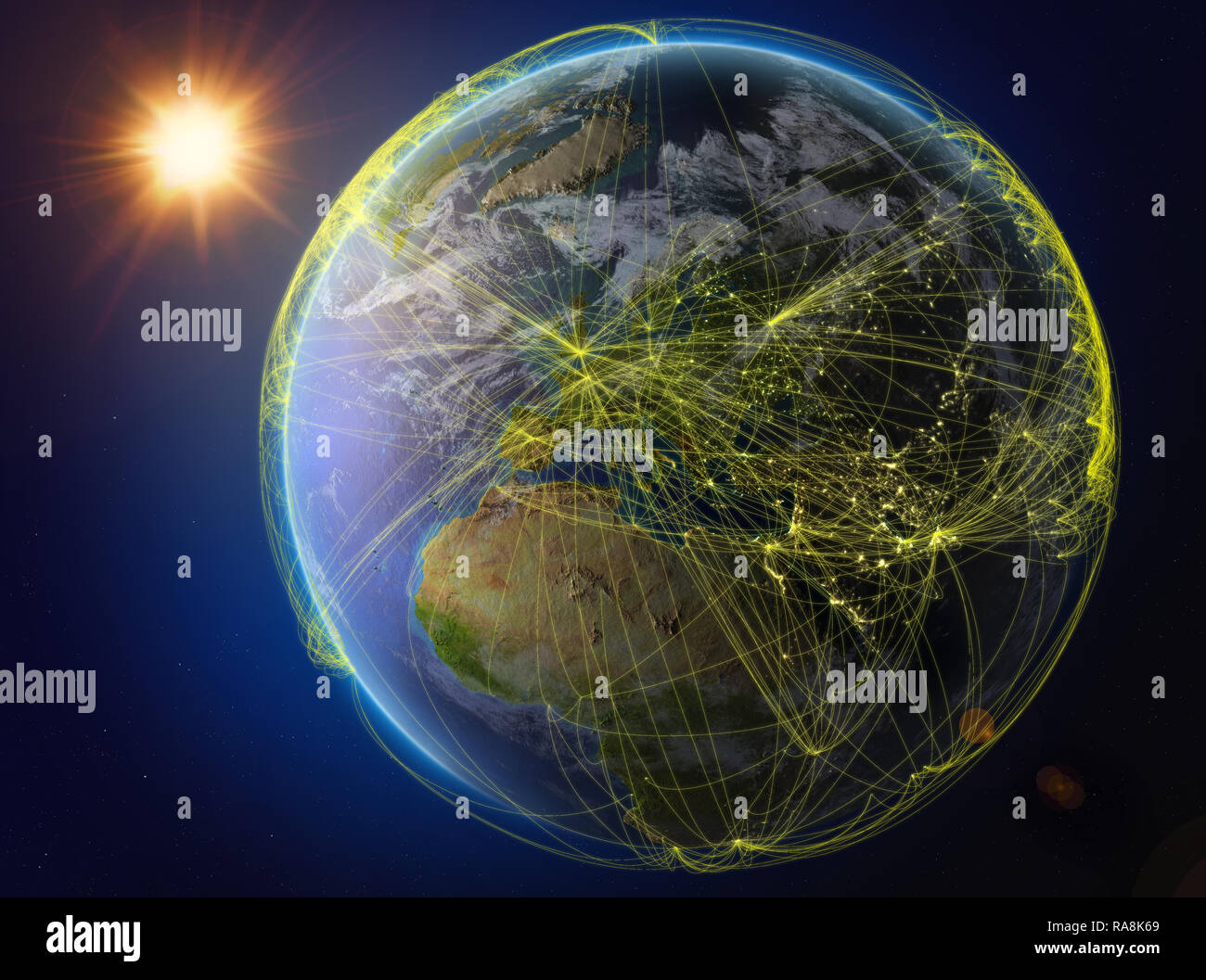 Kosovo aus dem Weltraum. Der Planet Erde mit Netzwerk für internationale Kommunikation, Technik und Reisen. 3D-Darstellung. Elemente dieses Bild Stockfoto