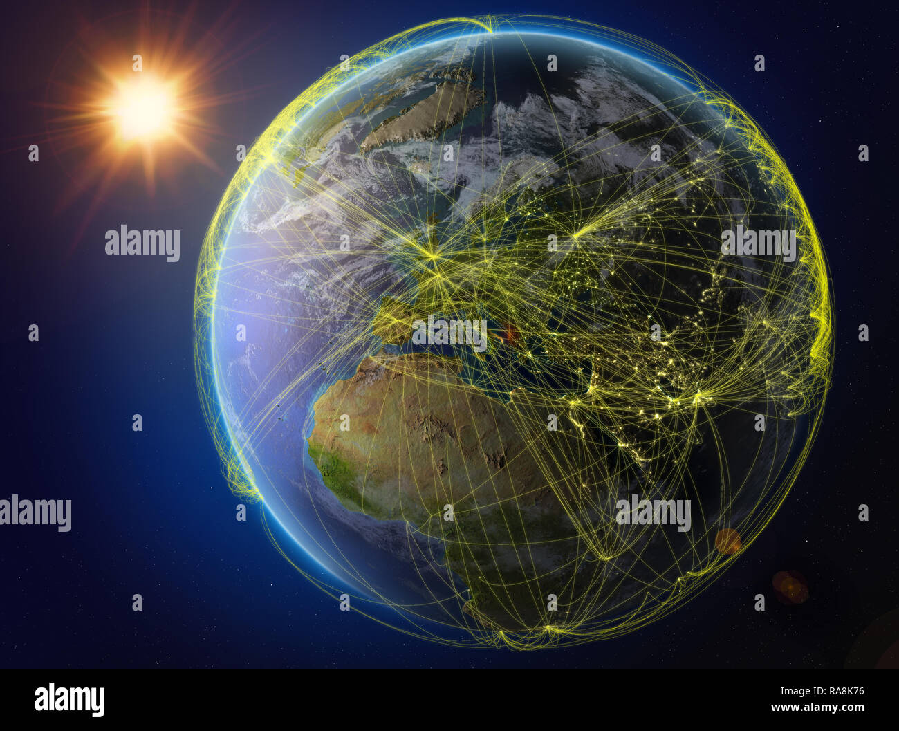 Albanien aus dem Weltraum. Der Planet Erde mit Netzwerk für internationale Kommunikation, Technik und Reisen. 3D-Darstellung. Elemente dieses Bild Stockfoto