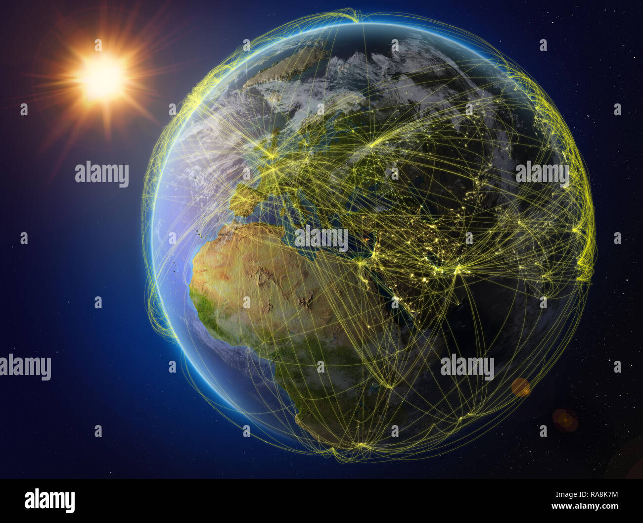 Zypern aus dem Weltraum. Der Planet Erde mit Netzwerk für internationale Kommunikation, Technik und Reisen. 3D-Darstellung. Elemente dieses Bild Stockfoto