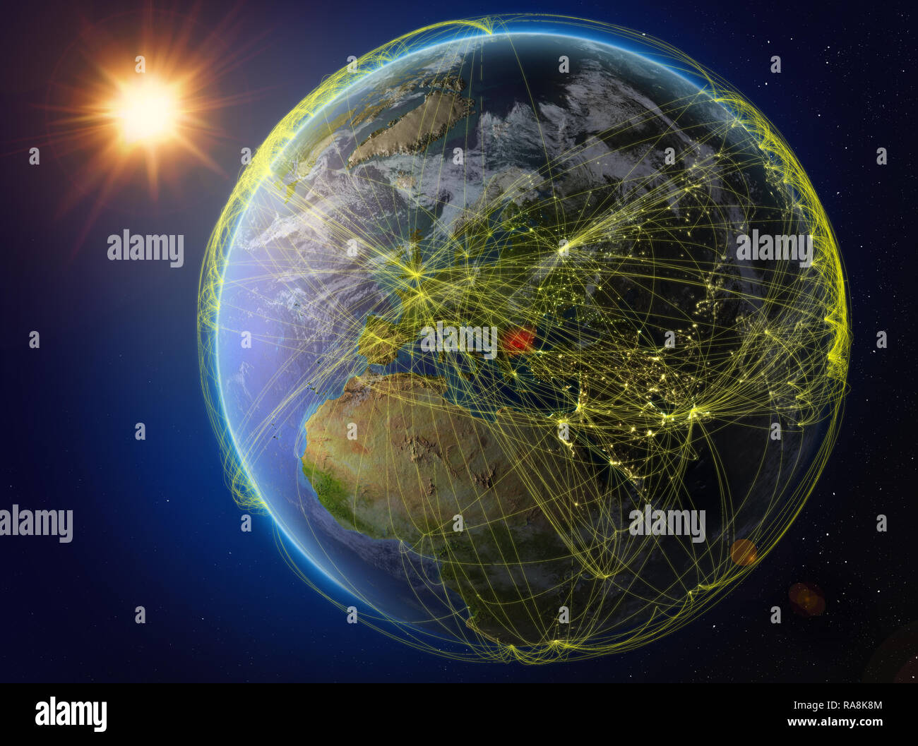 Bulgarien aus dem Weltraum. Der Planet Erde mit Netzwerk für internationale Kommunikation, Technik und Reisen. 3D-Darstellung. Elemente dieser imag Stockfoto