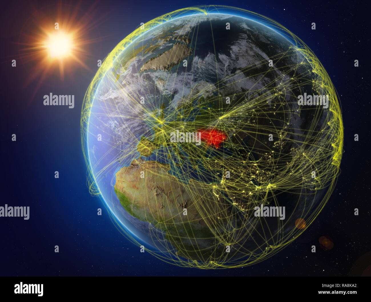 Die Ukraine aus dem Weltraum. Der Planet Erde mit Netzwerk für internationale Kommunikation, Technik und Reisen. 3D-Darstellung. Elemente dieses Bild Stockfoto