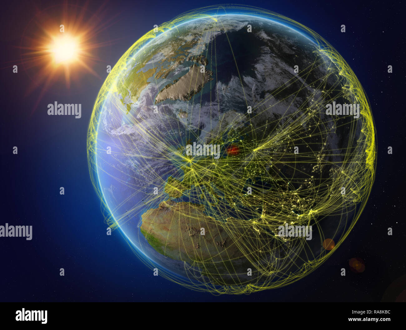 Lettland aus dem Weltraum. Der Planet Erde mit Netzwerk für internationale Kommunikation, Technik und Reisen. 3D-Darstellung. Elemente dieses Bild Stockfoto