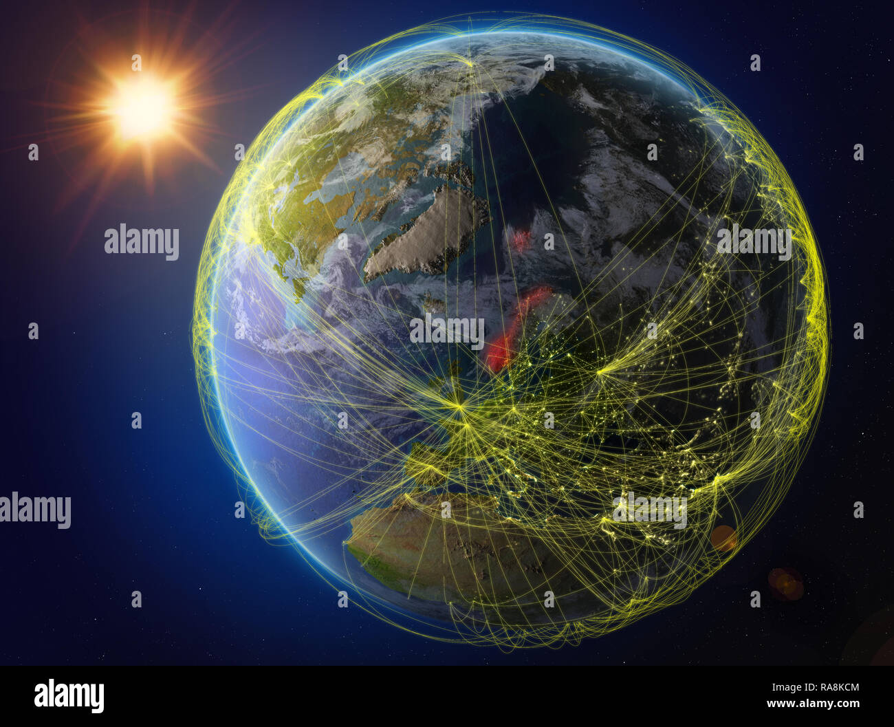 Norwegen aus dem Weltraum. Der Planet Erde mit Netzwerk für internationale Kommunikation, Technik und Reisen. 3D-Darstellung. Elemente dieses Bild Stockfoto