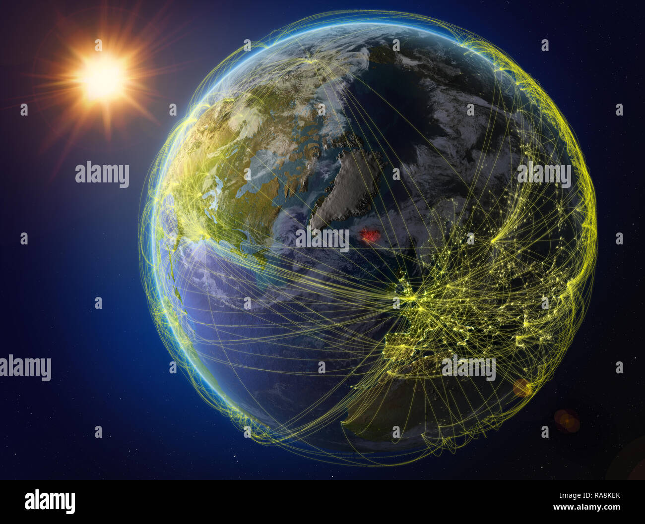 Island aus dem Weltraum. Der Planet Erde mit Netzwerk für internationale Kommunikation, Technik und Reisen. 3D-Darstellung. Elemente dieses Bild Stockfoto