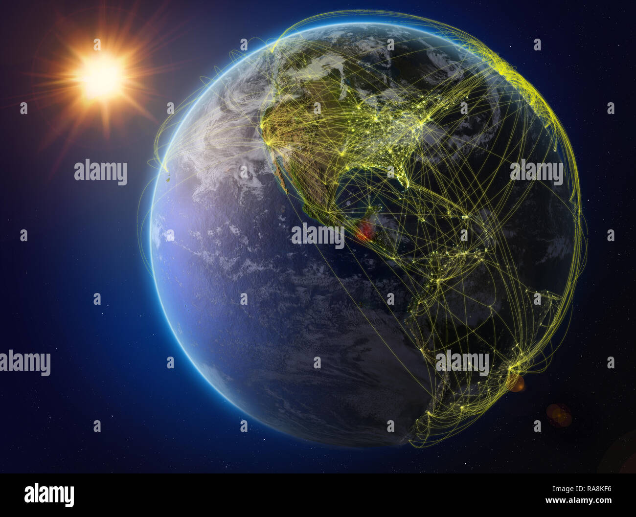 Guatemala aus dem Weltraum. Der Planet Erde mit Netzwerk für internationale Kommunikation, Technik und Reisen. 3D-Darstellung. Elemente dieser Ima Stockfoto