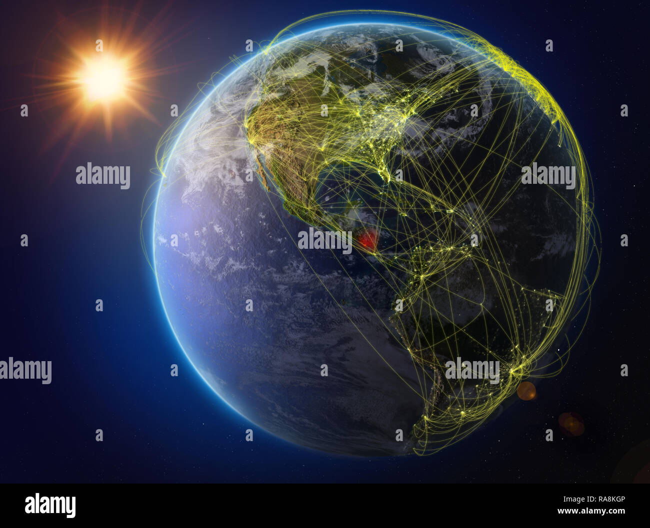 Nicaragua vom Weltraum aus. Der Planet Erde mit Netzwerk für internationale Kommunikation, Technik und Reisen. 3D-Darstellung. Elemente dieser Ima Stockfoto