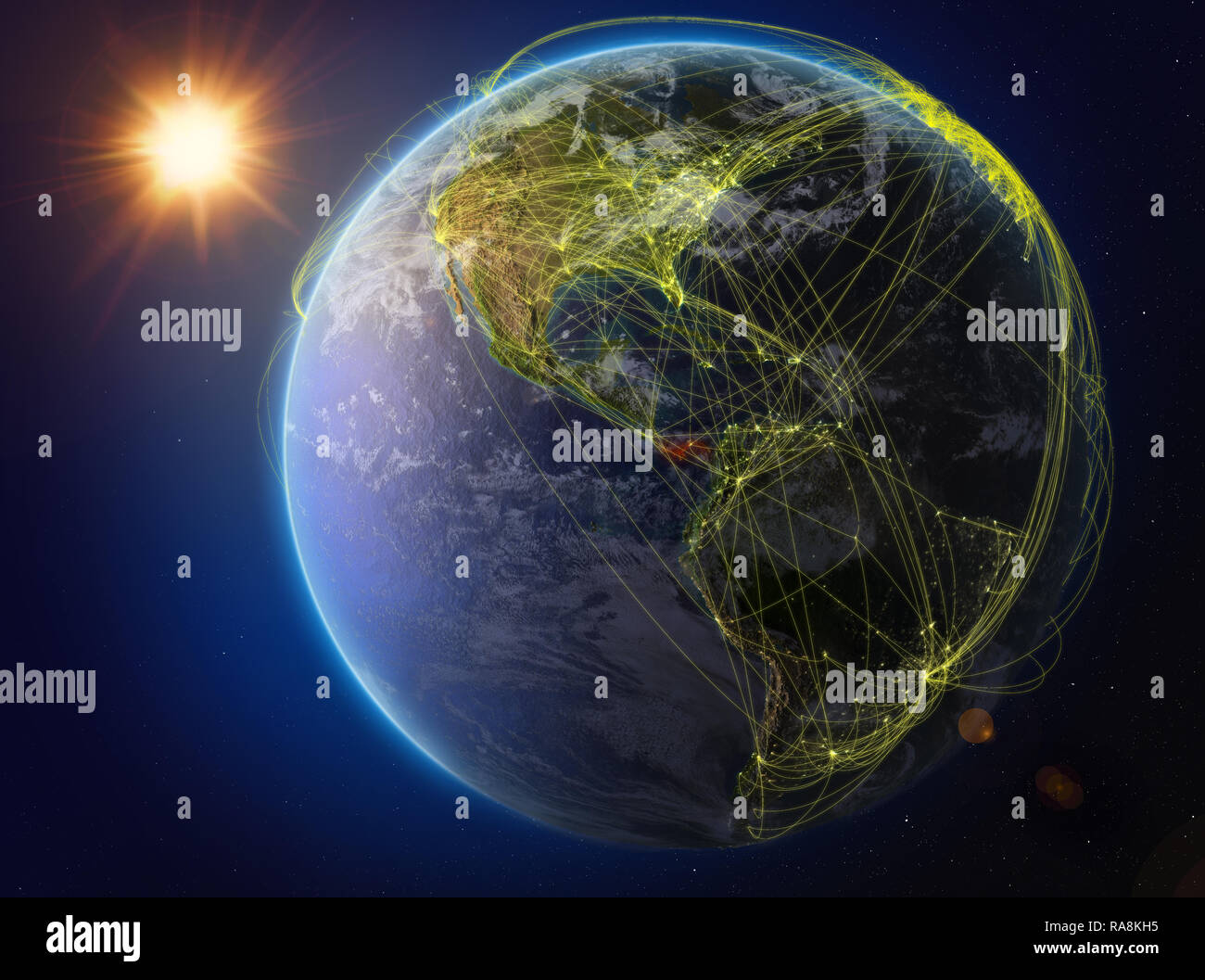 Panama aus dem Weltraum. Der Planet Erde mit Netzwerk für internationale Kommunikation, Technik und Reisen. 3D-Darstellung. Elemente dieses Bild Stockfoto