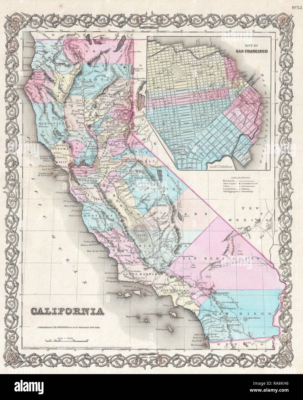 1855, Colton Karte von Kalifornien und San Francisco. Neuerfundene durch Gibon. Klassische Kunst mit einem modernen Touch neuerfundene Stockfoto