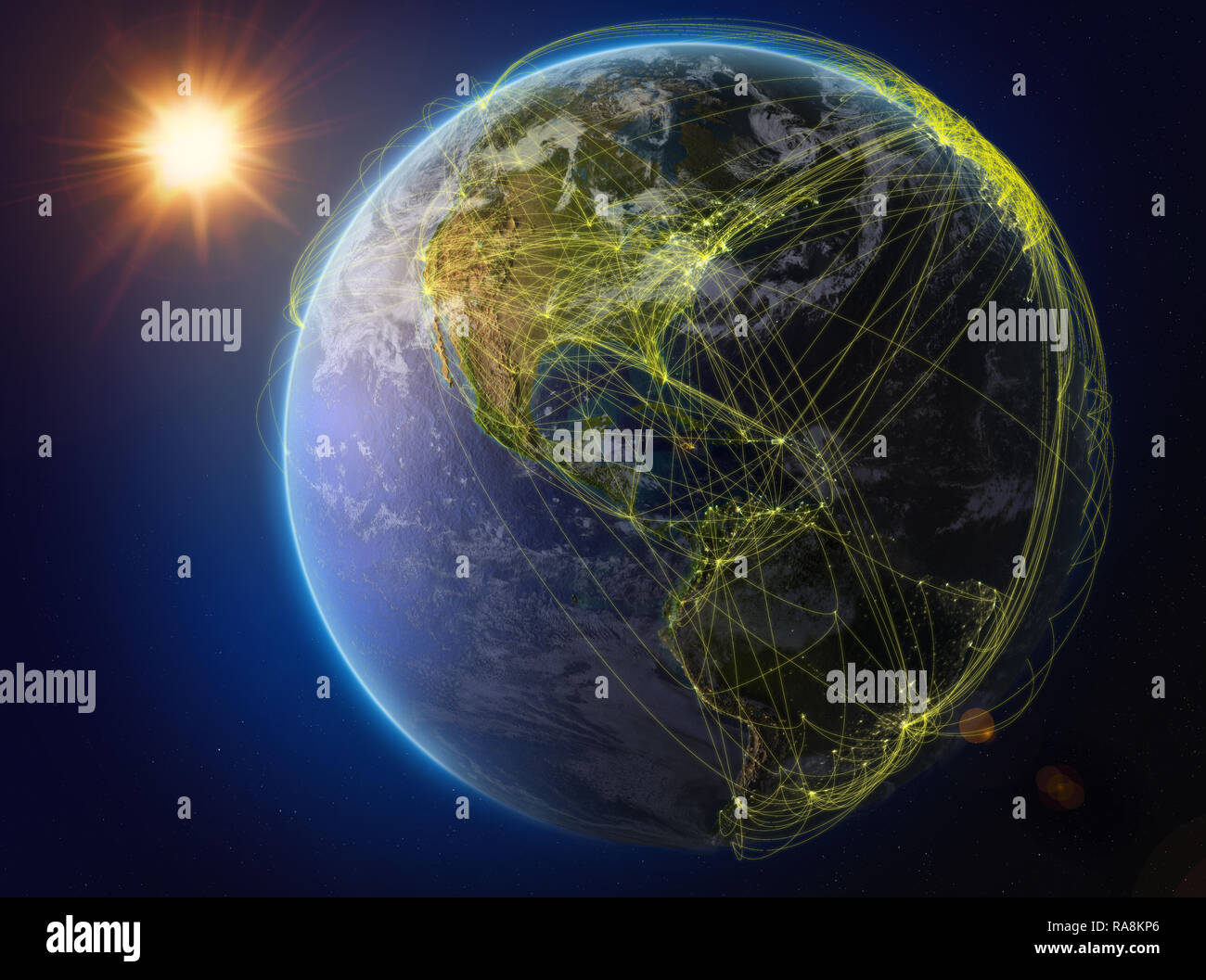 Jamaika aus dem Weltraum. Der Planet Erde mit Netzwerk für internationale Kommunikation, Technik und Reisen. 3D-Darstellung. Elemente dieses Bild Stockfoto