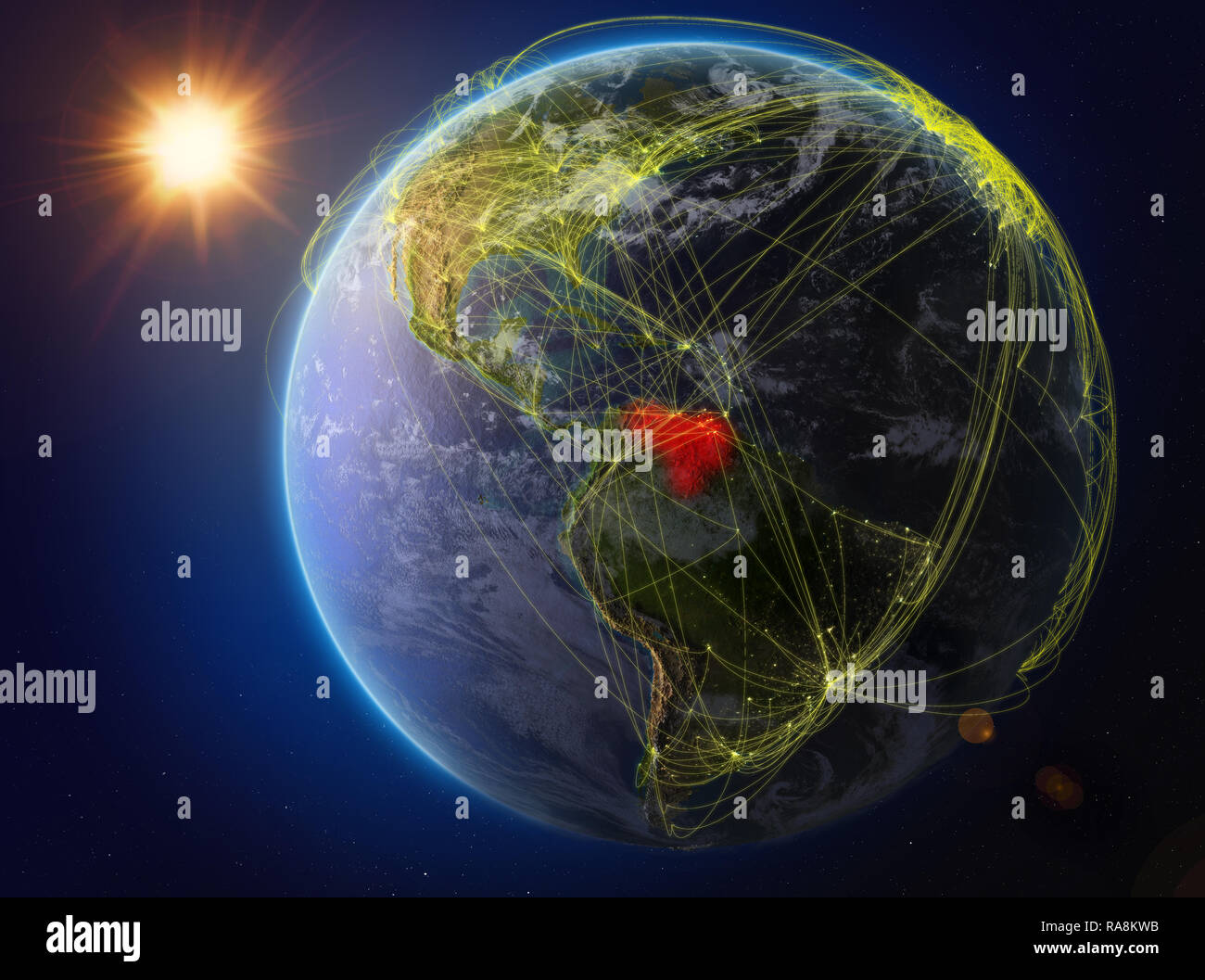 Venezuela aus dem Weltraum. Der Planet Erde mit Netzwerk für internationale Kommunikation, Technik und Reisen. 3D-Darstellung. Elemente dieser Ima Stockfoto