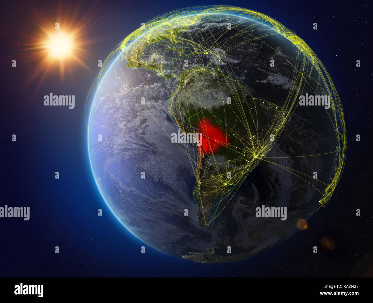 Bolivien aus dem Weltraum. Der Planet Erde mit Netzwerk für internationale Kommunikation, Technik und Reisen. 3D-Darstellung. Elemente dieses Bild Stockfoto