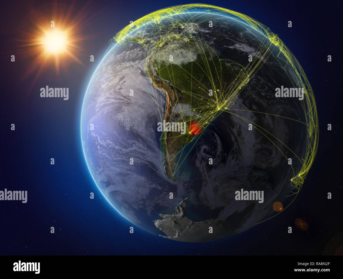 Uruguay aus dem Weltraum. Der Planet Erde mit Netzwerk für internationale Kommunikation, Technik und Reisen. 3D-Darstellung. Elemente dieses Bild Stockfoto