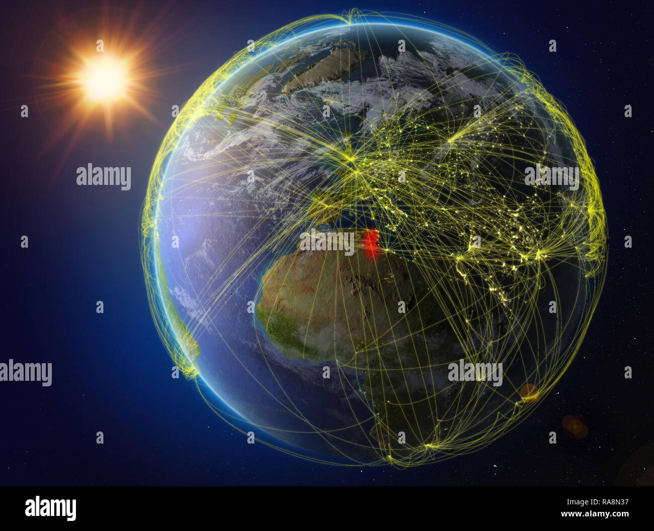 Tunesien aus dem Weltraum. Der Planet Erde mit Netzwerk für internationale Kommunikation, Technik und Reisen. 3D-Darstellung. Elemente dieses Bild Stockfoto