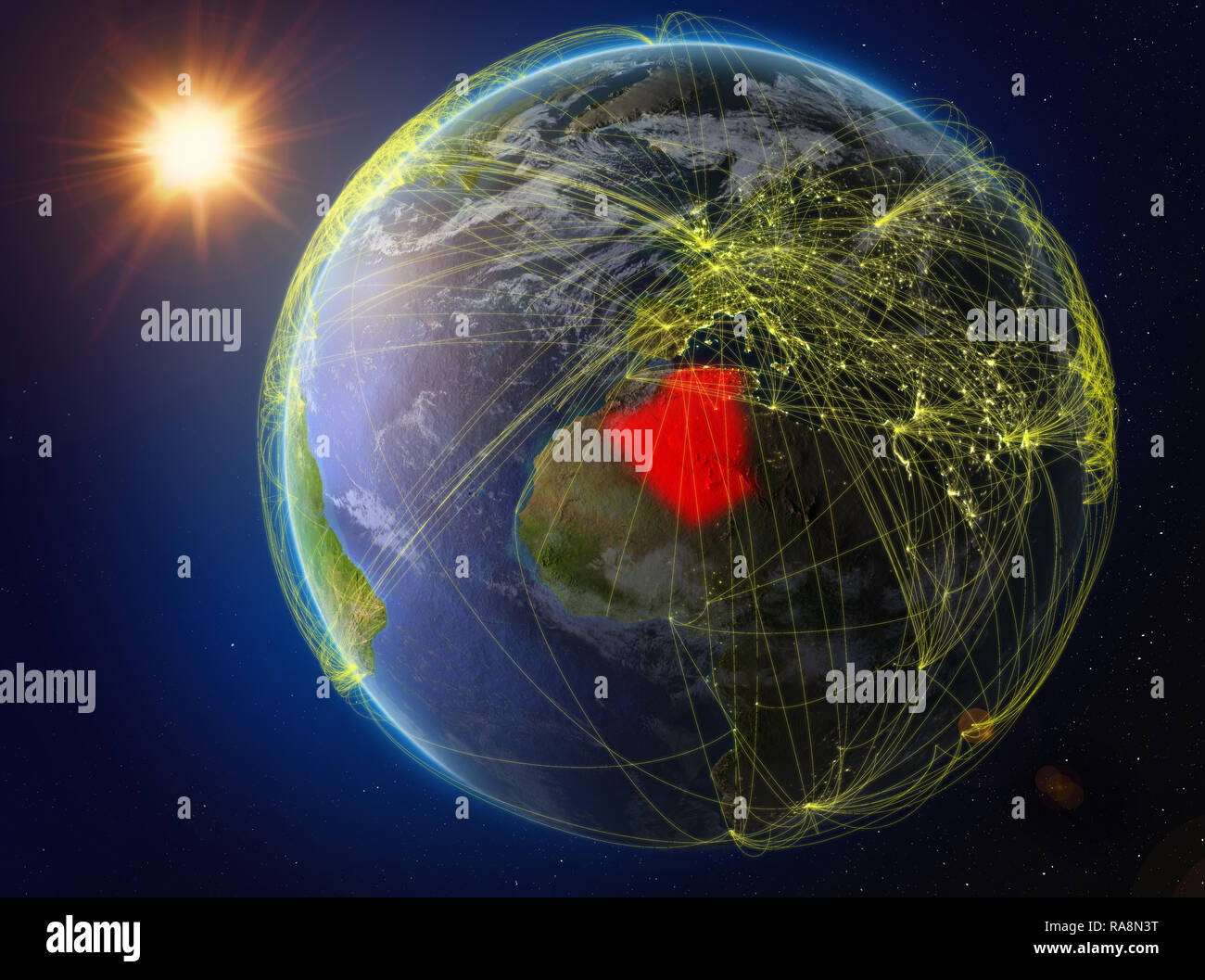 Algerien aus dem Weltraum. Der Planet Erde mit Netzwerk für internationale Kommunikation, Technik und Reisen. 3D-Darstellung. Elemente dieses Bild Stockfoto