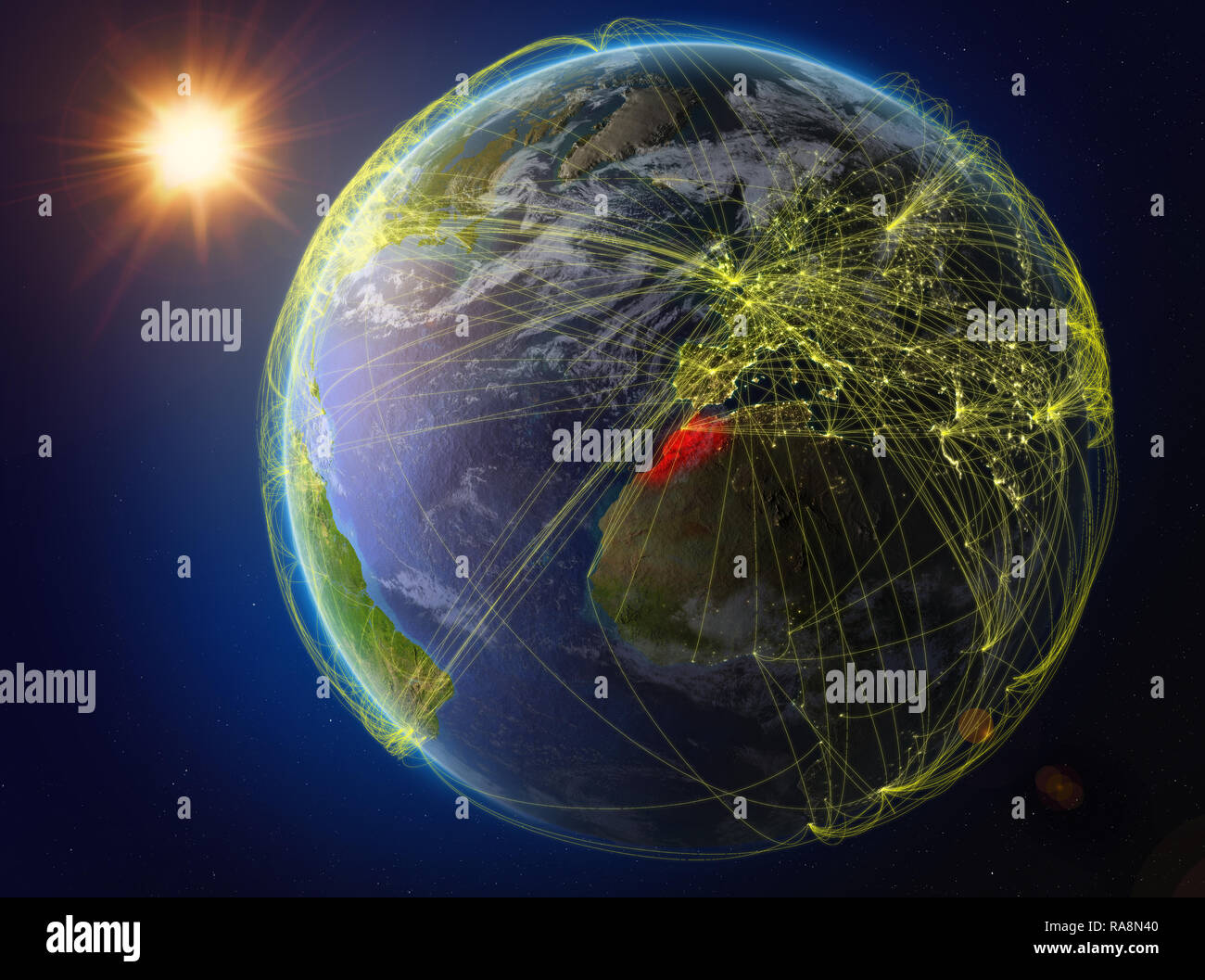 Marokko aus dem Weltraum. Der Planet Erde mit Netzwerk für internationale Kommunikation, Technik und Reisen. 3D-Darstellung. Elemente dieses Bild Stockfoto