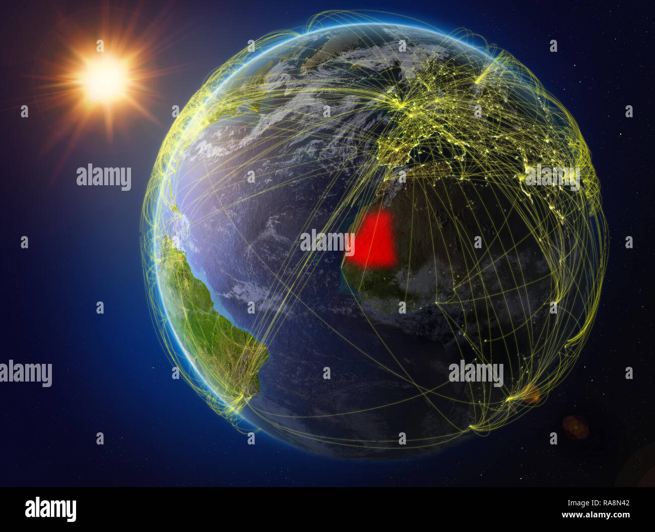 Mauretanien aus dem Weltraum. Der Planet Erde mit Netzwerk für internationale Kommunikation, Technik und Reisen. 3D-Darstellung. Elemente im Stockfoto